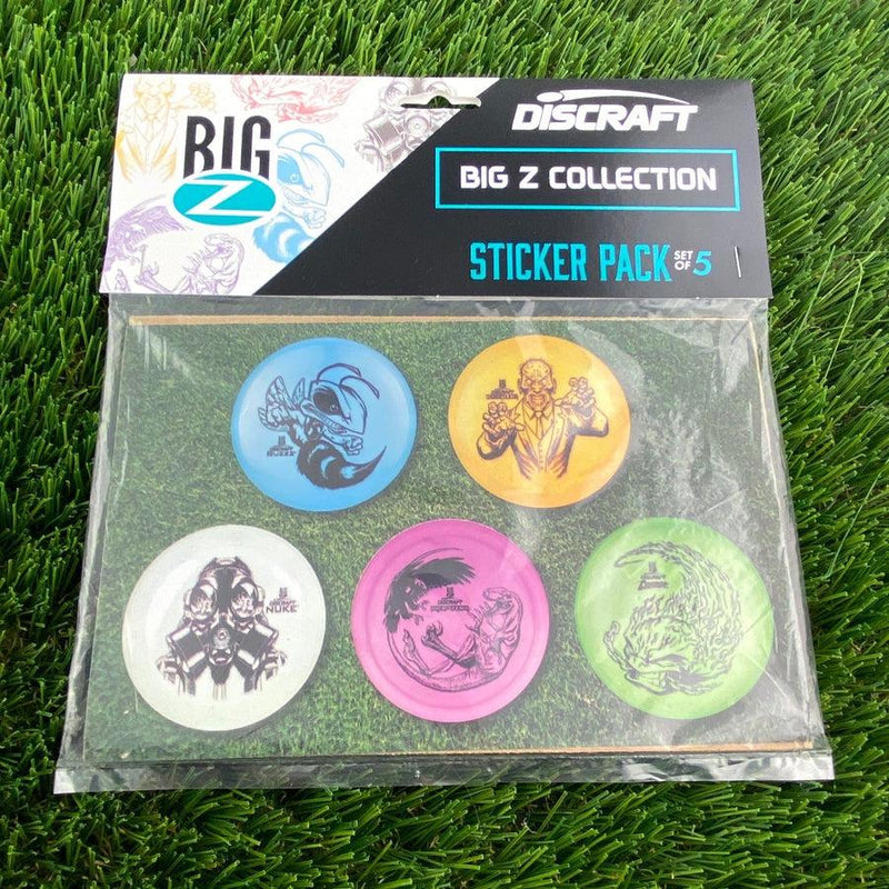 Discraft Big Z Collection sticker pack, five collectible round stickers in blue, yellow, white, pink, and green colors.