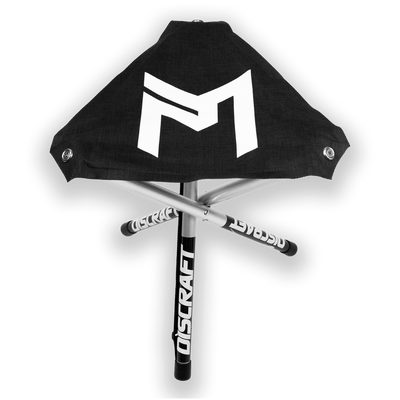 Black Discraft tripod stool with a white logo on the seat and aluminum legs featuring the Discraft brand name.