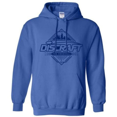 Blue Discraft hooded sweatshirt with a dark blue tree logo and front pouch pocket.