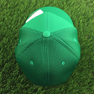Green Discraft Buzz cap with a full mesh back, circular button, and a flexfit curved bill.