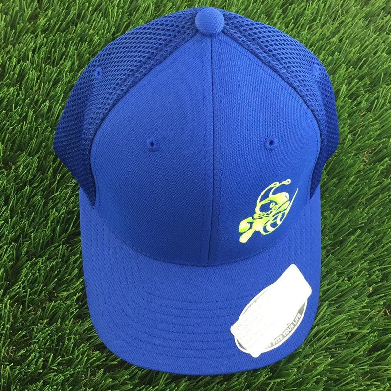 Blue Discraft Buzz Flexfit hat featuring a curved bill, mesh back, and neon green embroidered logo.