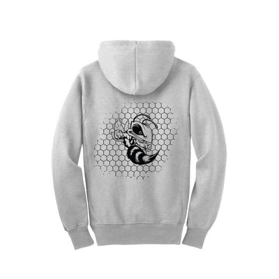 Gray Discraft Buzzz full zip hooded sweatshirt with a black and white bee design on a honeycomb pattern.
