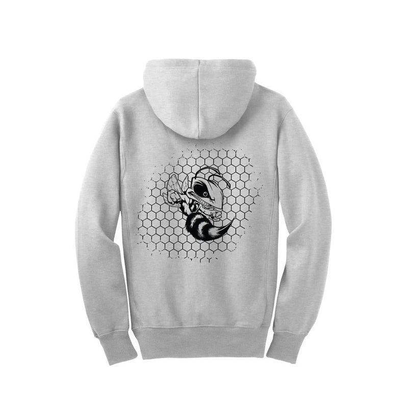 Gray Discraft Buzzz full zip hooded sweatshirt with a black and white bee design on a honeycomb pattern.