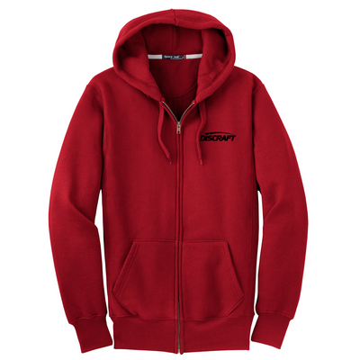 Red Discraft Buzz full zip hooded sweatshirt with a black Discraft logo on the left chest.