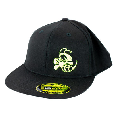 Black fitted flat bill hat featuring a prominent neon green embroidered Discraft Buzzz logo on the front.