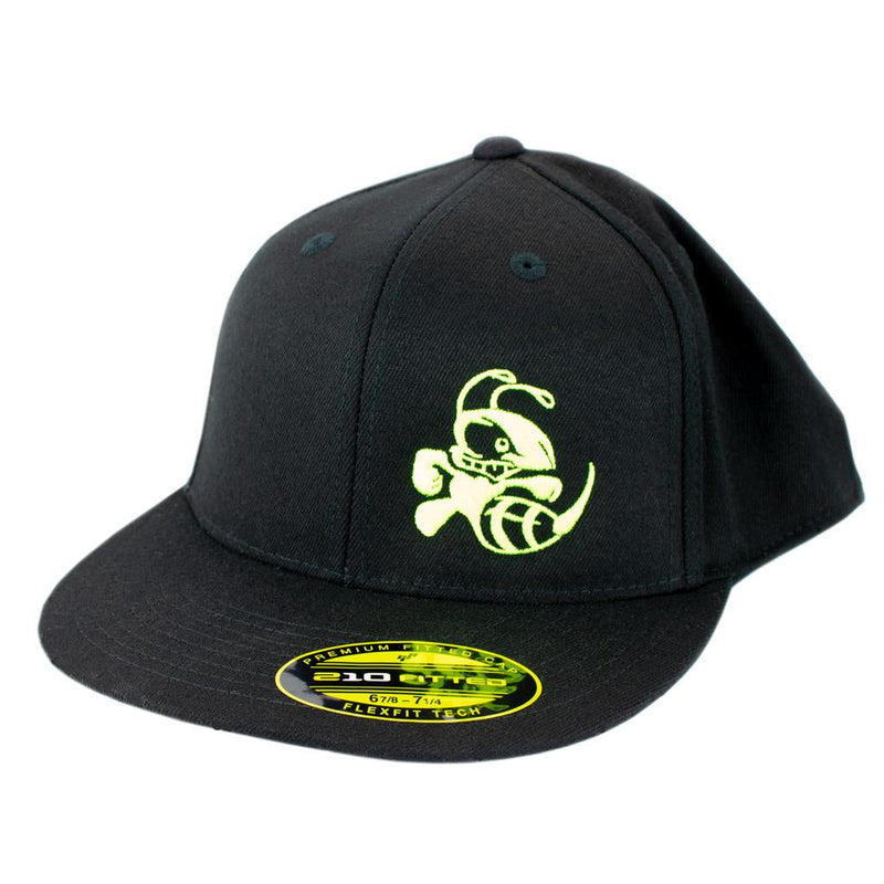 Black fitted flat bill hat featuring a prominent neon green embroidered Discraft Buzzz logo on the front.