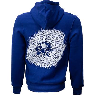 Blue Discraft Buzzz full zip hooded sweatshirt with a white Discraft Buzzz bee graphic on the back.