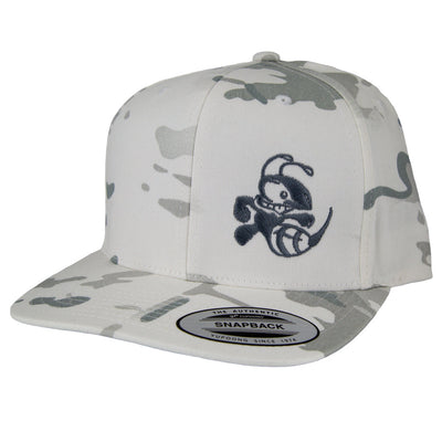 White multicam alpine snapback hat with a flat bill and a black embroidered Discraft Buzzz logo.