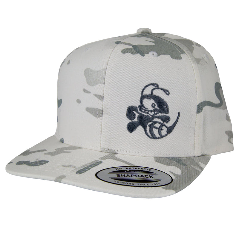 White multicam alpine snapback hat with a flat bill and a black embroidered Discraft Buzzz logo.