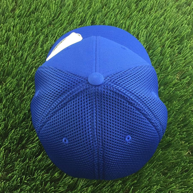 Blue Discraft Buzzz embroidered logo mesh back Flexfit hat with a curved bill and white accent stitch.