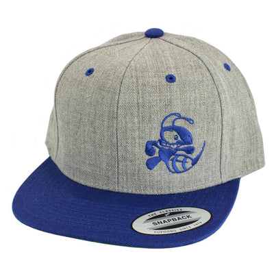 Discraft Buzz embroidered logo snapback hat with a heathered grey crown, flat royal blue bill, and matching eyelets.