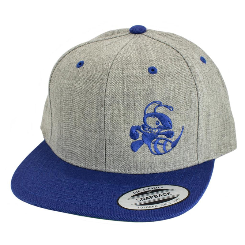 Discraft Buzz embroidered logo snapback hat with a heathered grey crown, flat royal blue bill, and matching eyelets.