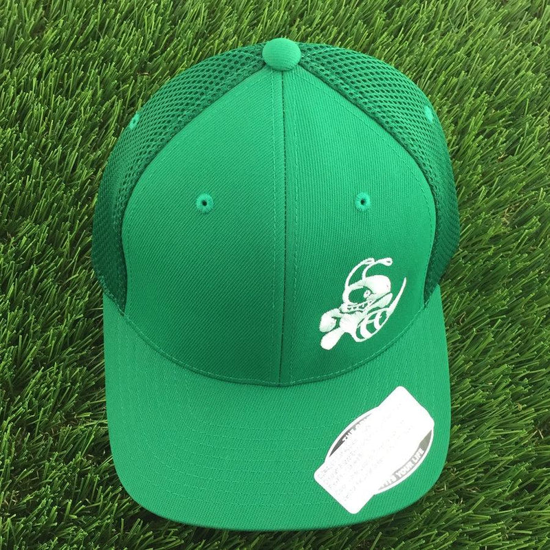 Vibrant green Discraft Buzz embroidered logo mesh back Flexfit hat with a curved bill and tag on the brim.
