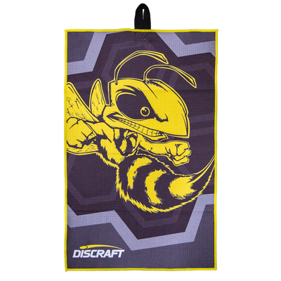 Discraft Buzz microfiber towel featuring an aggressive yellow cartoon hornet on a gray and purple geometric pattern.