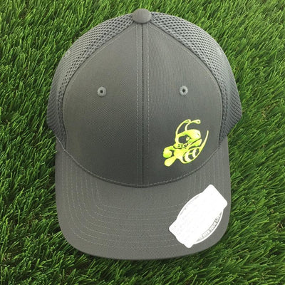 Dark gray Flexfit cap with a neon yellow Discraft Buzzz embroidered logo and mesh back panels.