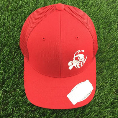 Red Flexfit mesh back baseball cap with a curved bill and embroidered Discraft Buzzz logo.