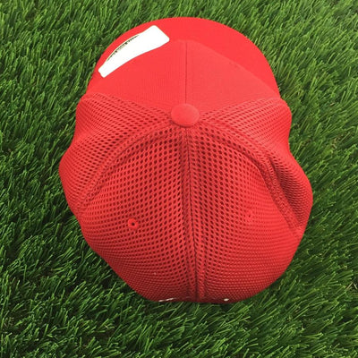 Red Discraft Buzzz embroidered logo mesh back Flexfit hat with a curved bill and tag visible.