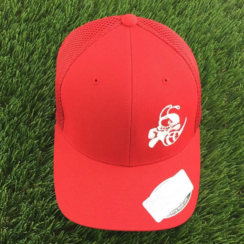 Red Flexfit meshback cap with a white embroidered Discraft Buzzz logo and a slightly curved bill.
