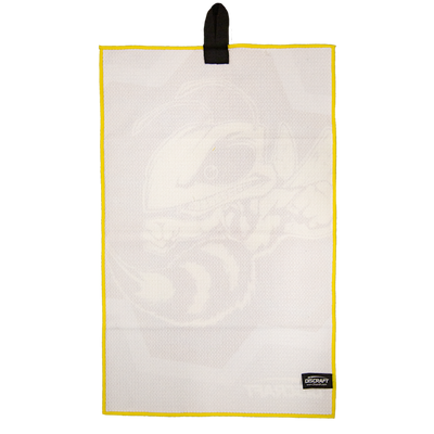 White Discraft Buzzz microfiber disc golf towel with a subtle bee graphic and bold yellow trim.