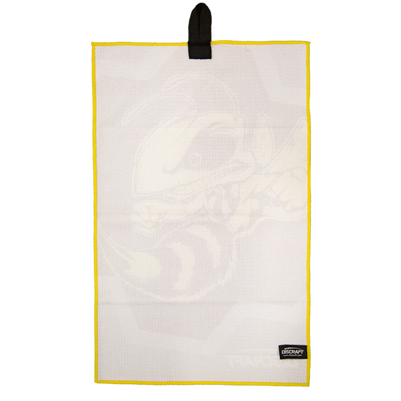 White Discraft Buzzz microfiber disc golf towel with a subtle bee graphic and bold yellow trim.
