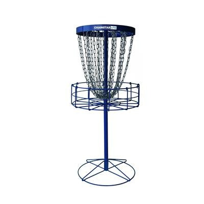 A blue Discraft Chainstar Lite portable disc golf basket features metal chains, a blue cage, and a wide-set sturdy base.
