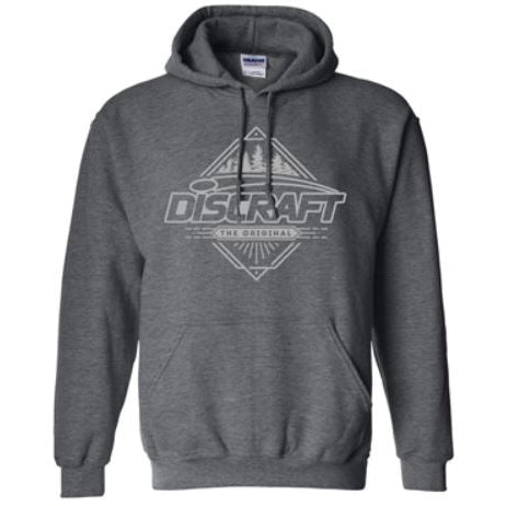 Dark gray Discraft Trees hooded sweatshirt with a white graphic logo featuring mountains, trees, and flying discs.