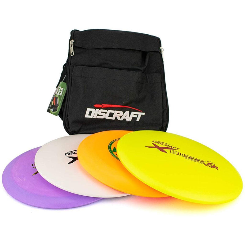 Black Discraft deluxe starter disc golf bag with a white Discraft logo, plus four multicolor discs.