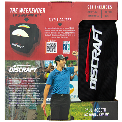 Cardboard Discraft deluxe starter set packaging features a triumphant Paul McBeth and a black Discraft Weekender bag.