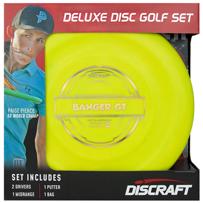 Discraft Deluxe Disc Golf Set packaging with a neon yellow Banger-GT disc and Paige Pierce on the left.
