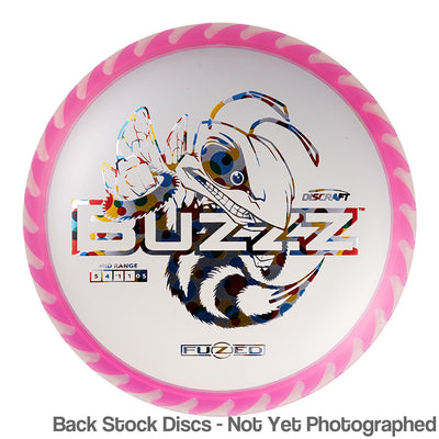 White Discraft Elite Z Buzzz disc golf mid-range disc with a large colorful bee graphic and a pink Fuzed line rim.