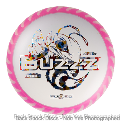 White Discraft Elite Z Buzzz disc golf mid-range disc with a large colorful bee graphic and a pink Fuzed line rim.