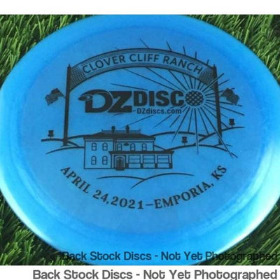 Light blue Discraft Elite Z Force disc with a black Clover Cliff Ranch and DZDZdiscs.com Emporia, KS logo.