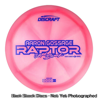 Pink Discraft Elite Z Swirl Raptor disc with a blue "Aaron Gossage Raptor Tour Series Swirl" stamp.
