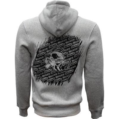 Gray Discraft Buzz full zip hooded sweatshirt with a large black and white Buzz bee logo on the back.
