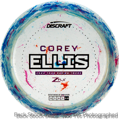 White Discraft Jawbreaker Z FLX Force distance driver with blue, pink, and orange swirls, featuring black "Corey Ellis" text.