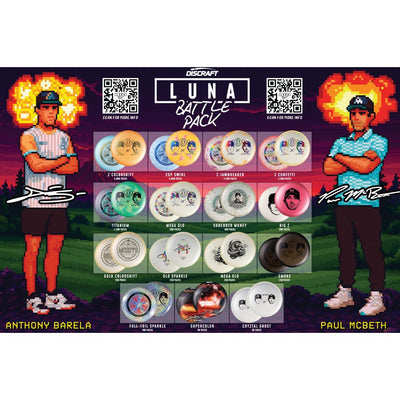 Discraft Luna Battle Pack featuring various white, orange, pink, black, blue, and green disc golf putters.