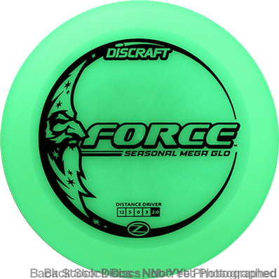 Lime green Discraft Force Seasonal Mega Glo distance driver disc with a black graphic and white numbers.