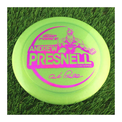 Translucent green Discraft Metallic Z Force disc golf disc with a vibrant pink Andrew Presnell Tour Series 2021 stamp.
