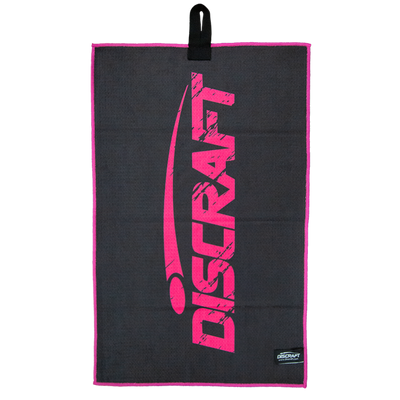 Black Discraft Paige Pierce microfiber towel with a large vertical hot pink Discraft logo and pink trim.
