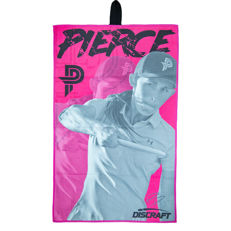Vibrant pink and blue Paige Pierce Discraft microfiber towel with a graphic of Paige Pierce throwing a disc.