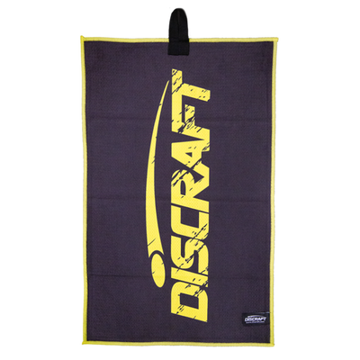 Black Discraft microfiber disc golf towel with a bright yellow Discraft logo and yellow trim.