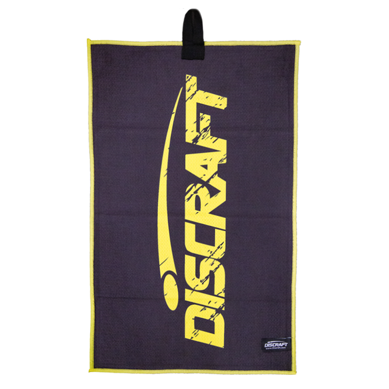 Black Discraft microfiber disc golf towel with a bright yellow Discraft logo and yellow trim.