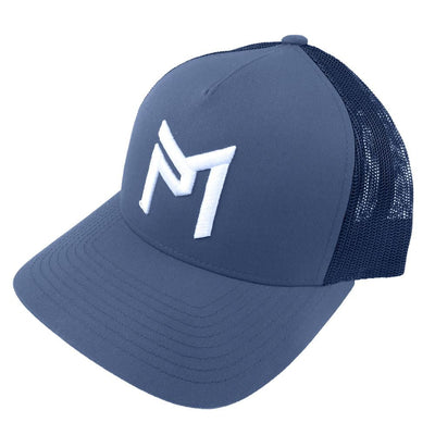 Navy blue Discraft Paul McBeth PM Logo trucker hat with a white embroidered logo and mesh back.
