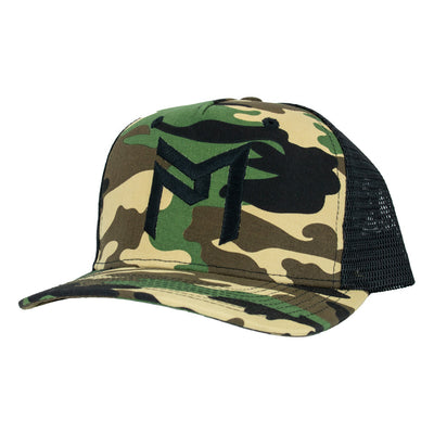 Discraft Paul McBeth PM Logo Trucker Hat in camouflage black, featuring a subtle black embroidered logo and black mesh.