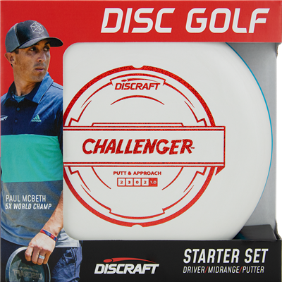 Red and white Discraft starter set box featuring Paul McBeth and a white Challenger putter with red foil print.