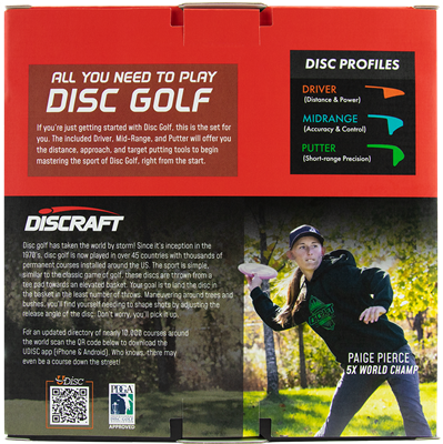 Red Discraft beginner starter set box with Paige Pierce on the front and disc profiles illustrated.