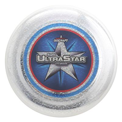 White Discraft Soft UltraStar frisbee with a blue central star, red and blue concentric rings, and foil speckles.