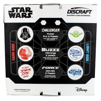 Discraft Star Wars disc golf set in a white box, detailing six discs with black, red, green, and blue designs.