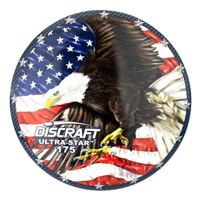 Discraft Ultra-Star 175 Ultimate disc with an American flag and bald eagle design, surrounded by a blue star-studded rim.