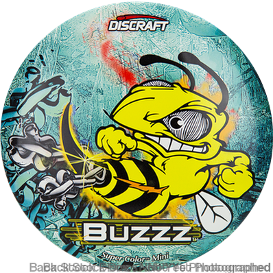 Discraft SuperColor Mini Buzzz with a yellow cartoon bee firing a chain stinger, set against a teal background.